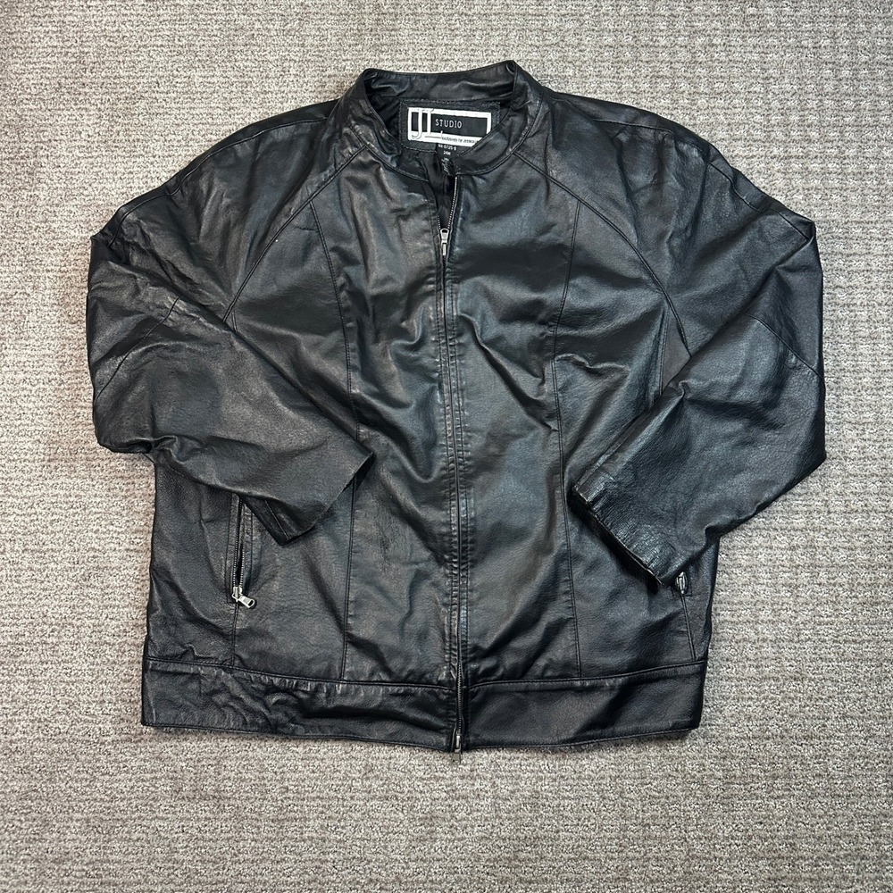 JL Studio Jessica London Mens Black Leather Jacket Cafe Racer Full Zip 24W